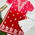 Red Designer Muslin Kurti Quraishiya Button Lucknow Chikankari Pant Set