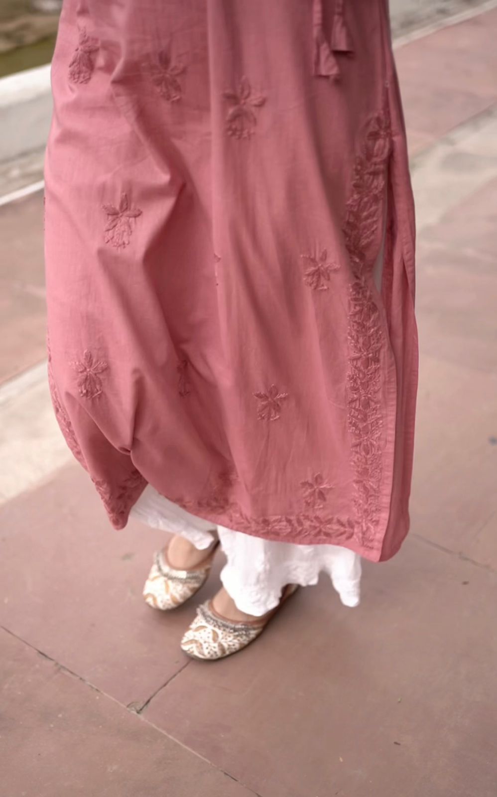 Dusty Pink Angarkha Style Malmal Kurti with Lucknow Chikankari & Modal Plazo Set