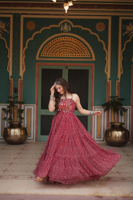 Maroon Bandhani Print Wide Flared Gown with Kutchi Patchwork Garba