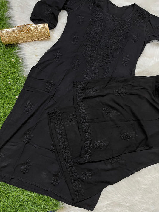 Black Premium Lucknow Chikankari handwork Modal Palazzo Set