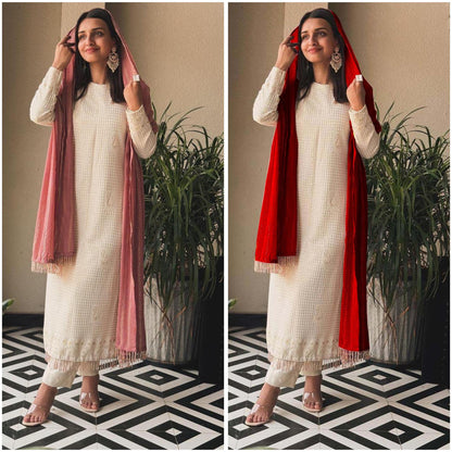 Fancy Faux Georgette Sequence Thread Embroidered Salwar Suit with Red Dupatta