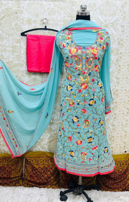 Light Blue Multicolor Phulkari Pastel Colors Suit Set with Kantha Work