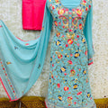 Light Blue Multicolor Phulkari Pastel Colors Suit Set with Kantha Work
