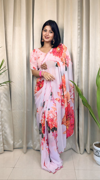 Baby pink Elegant Floral Georgette Silk Saree with Handwork and White Stone Accents (Best Seller)