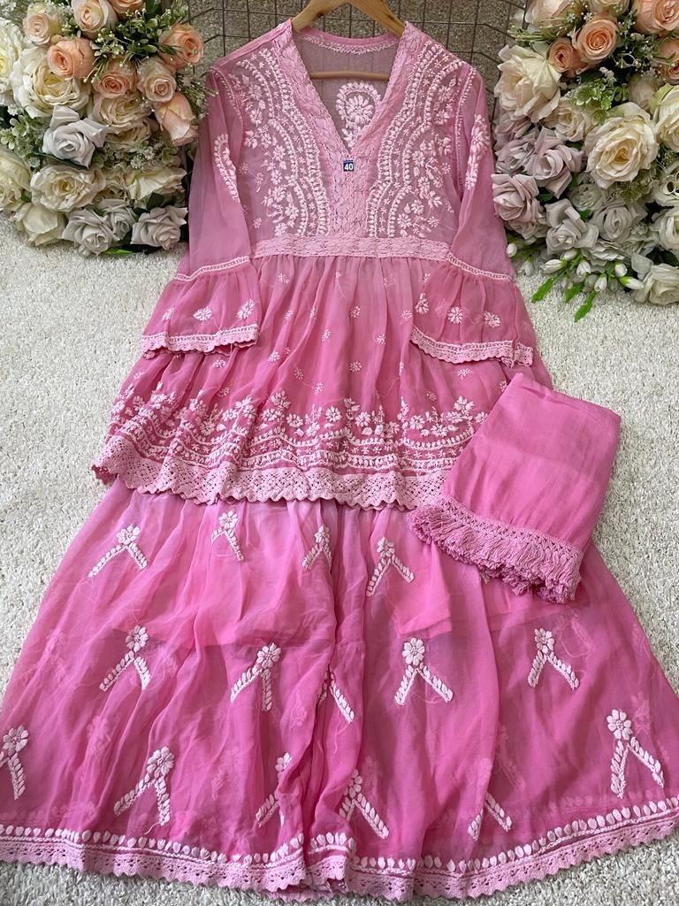 Pink Color Vivid V Lace Chikankari Gharara 3-Piece Set