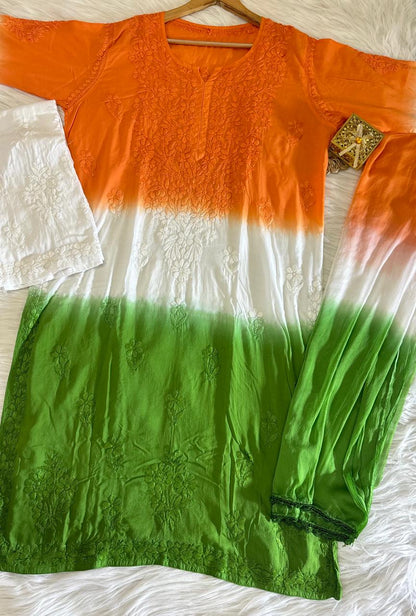 Indian Independence Day Tri-Color Ethereal Dyeable Rayon Chikankari Kurta Set (Limited Stock)