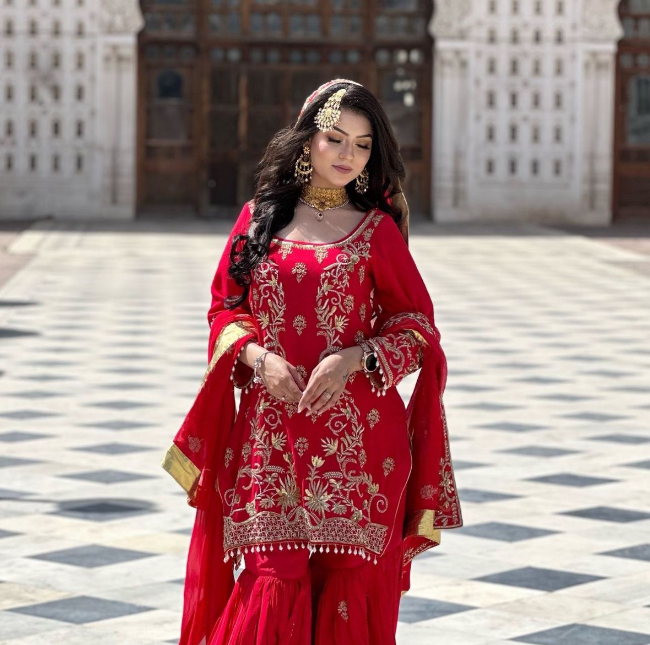 Red Pakistani Style Georgette Sharara Suit with Dupatta