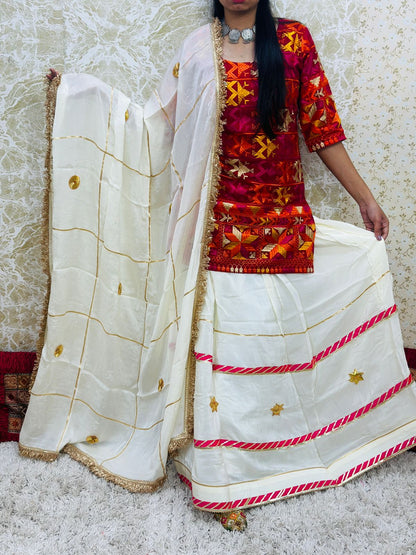 White Authentic Phulkari Party Wear Lehenga Set