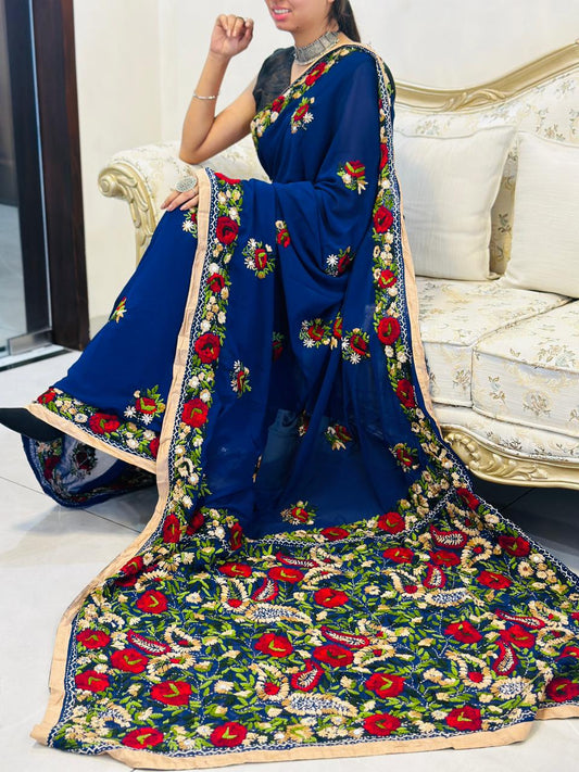 Dark Blue Georgette Phulkari Saree with Intricate Handwork and Embroidered Blouse