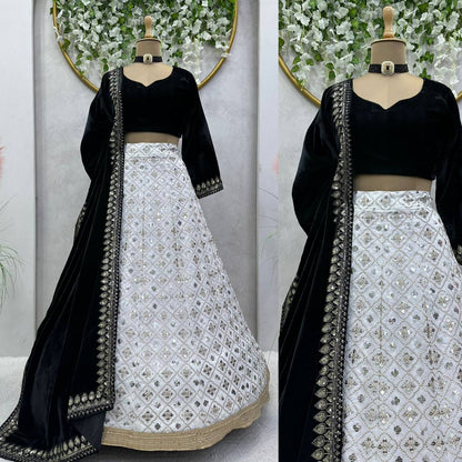 White Black Party Wear Bridesmaid Lehenga with Velvet Choli and Dupatta (Best Seller)