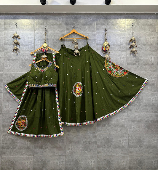 Green Pure Khadi Cotton Aari Work Navratri Chaniya Choli for Garba Dandiya