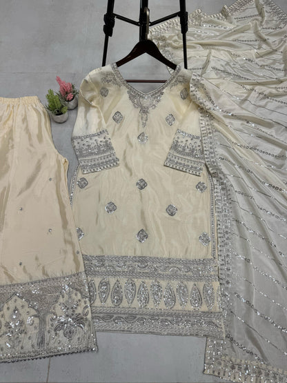 Beige Desirable Fancy Chinon Sequins Embroidered Shalwar Kameez Sharara and Dupatta Eid Dresses 2025