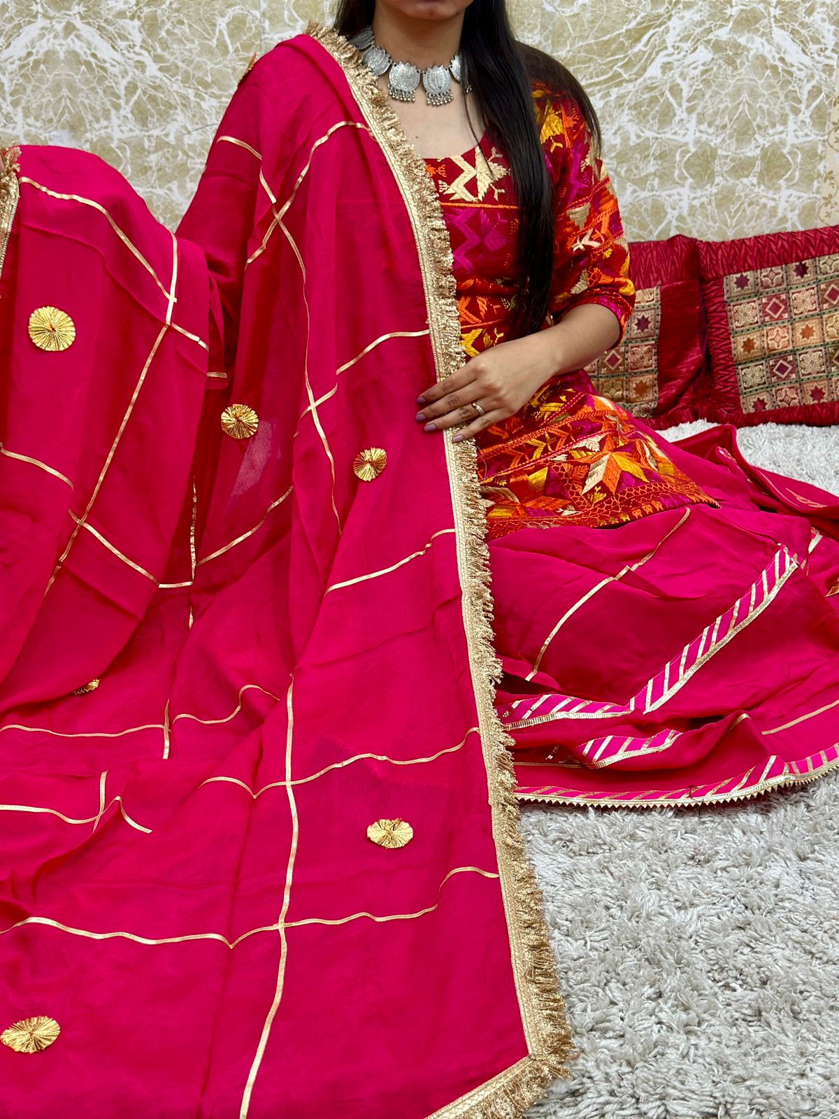 Pink Authentic Phulkari Party Wear Lehenga Set