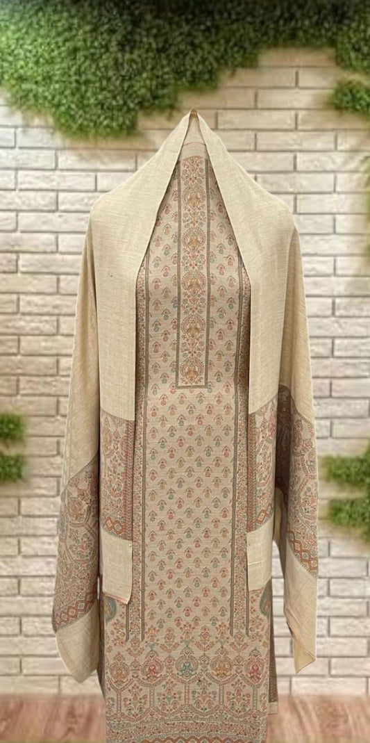 Beige Premium Winter 2025 Pashmina Kani Suit Set with Stole & Bottom