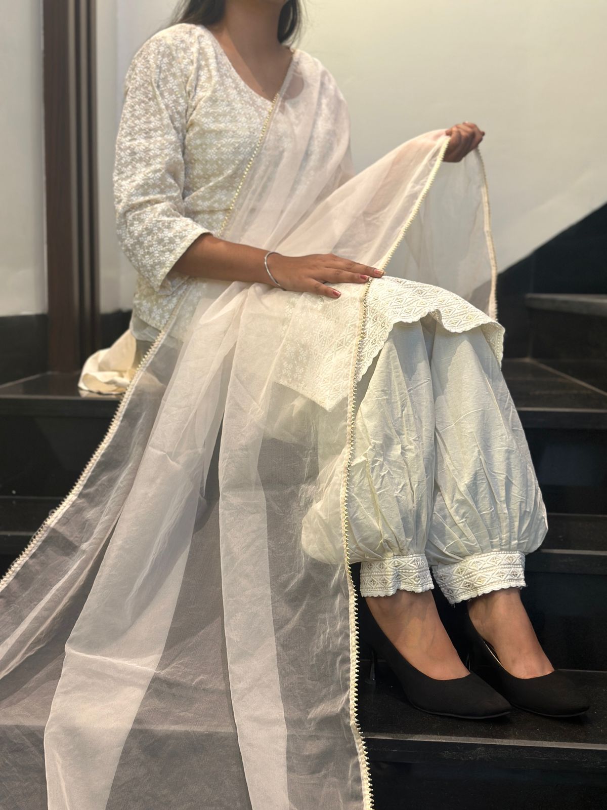 White Cotton Chikankari Afghani Salwar Suit with Chiffon Dupatta