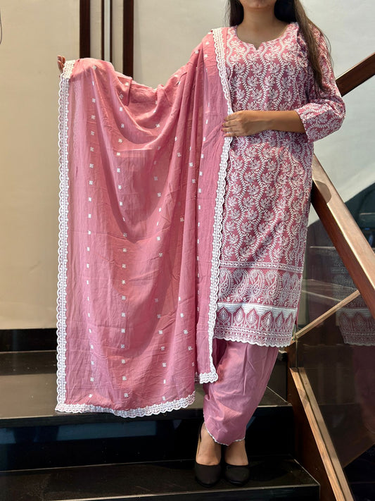 Pink Schiffli Embroidered Lucknowi Cotton Kurta Set with Embroidered Dupatta