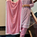 Pink Schiffli Embroidered Lucknowi Cotton Kurta Set with Embroidered Dupatta