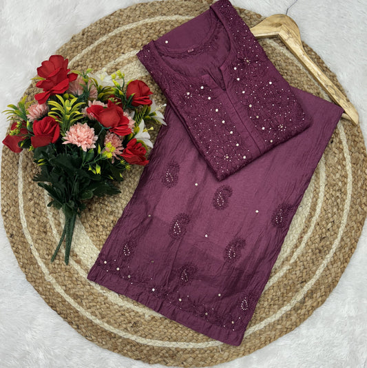 Wine Lucknowi Chikankari Ghass Patti Work Chanderi Kurti & Palazzo Set with Mukesh and Moti Work