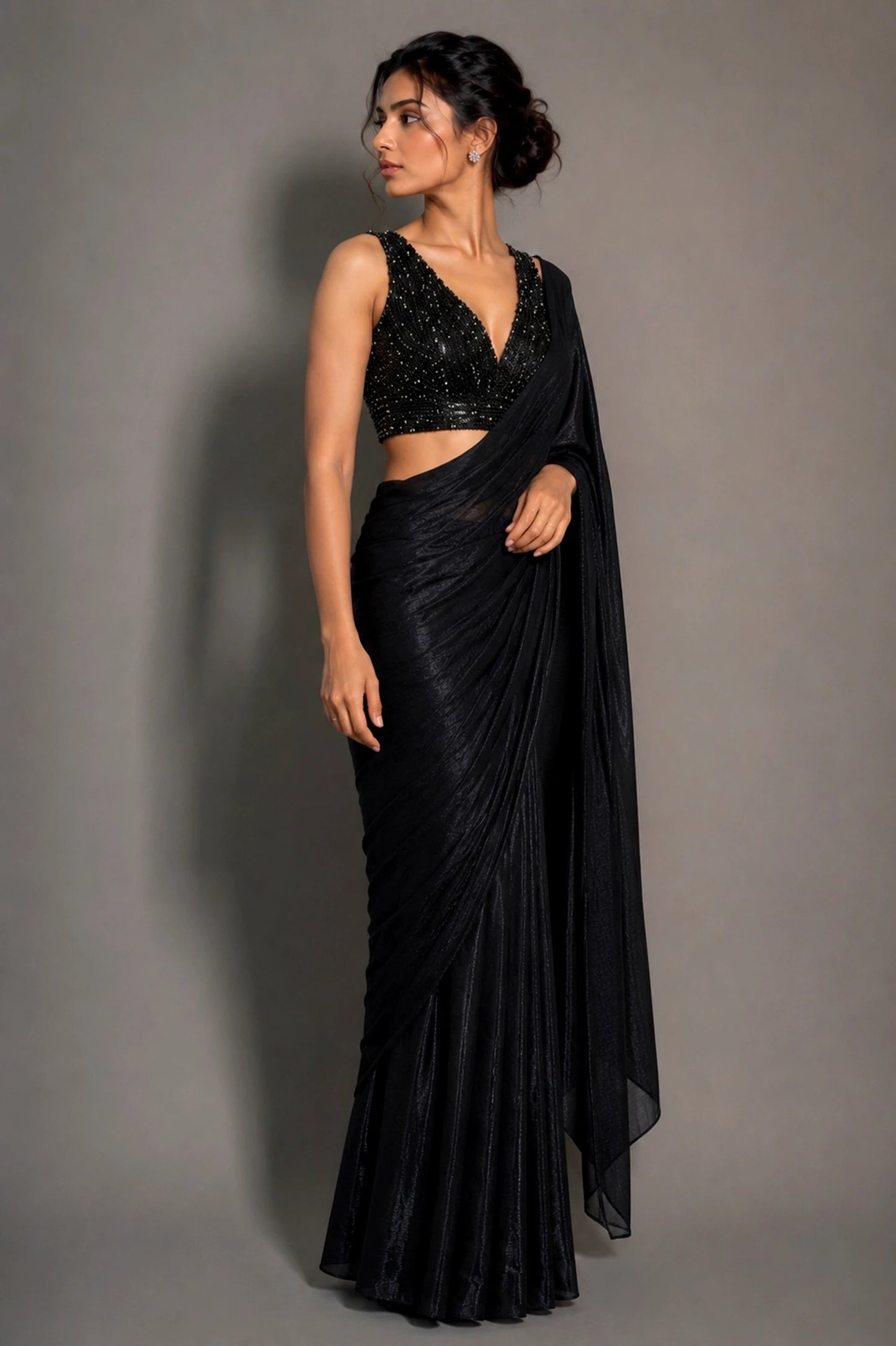 Black Sparkling Georgette Saree with Heavy Beads Work Blouse
