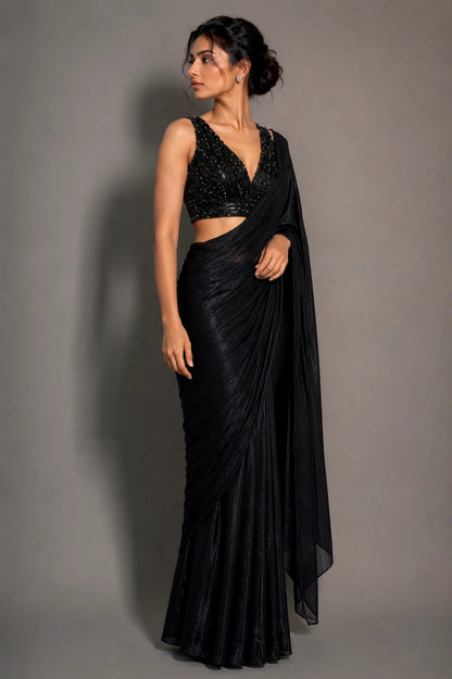 Black Sparkling Georgette Saree with Heavy Beads Work Blouse