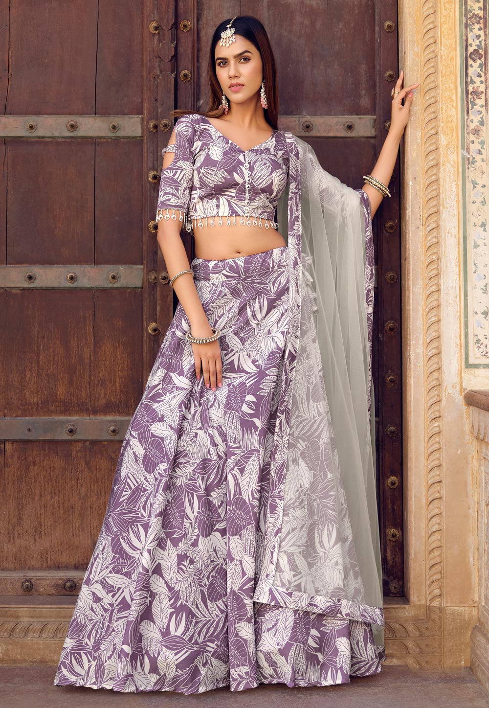 Lavendar Floral Print Wedding Guest Lehenga Choli in Crushed Silk