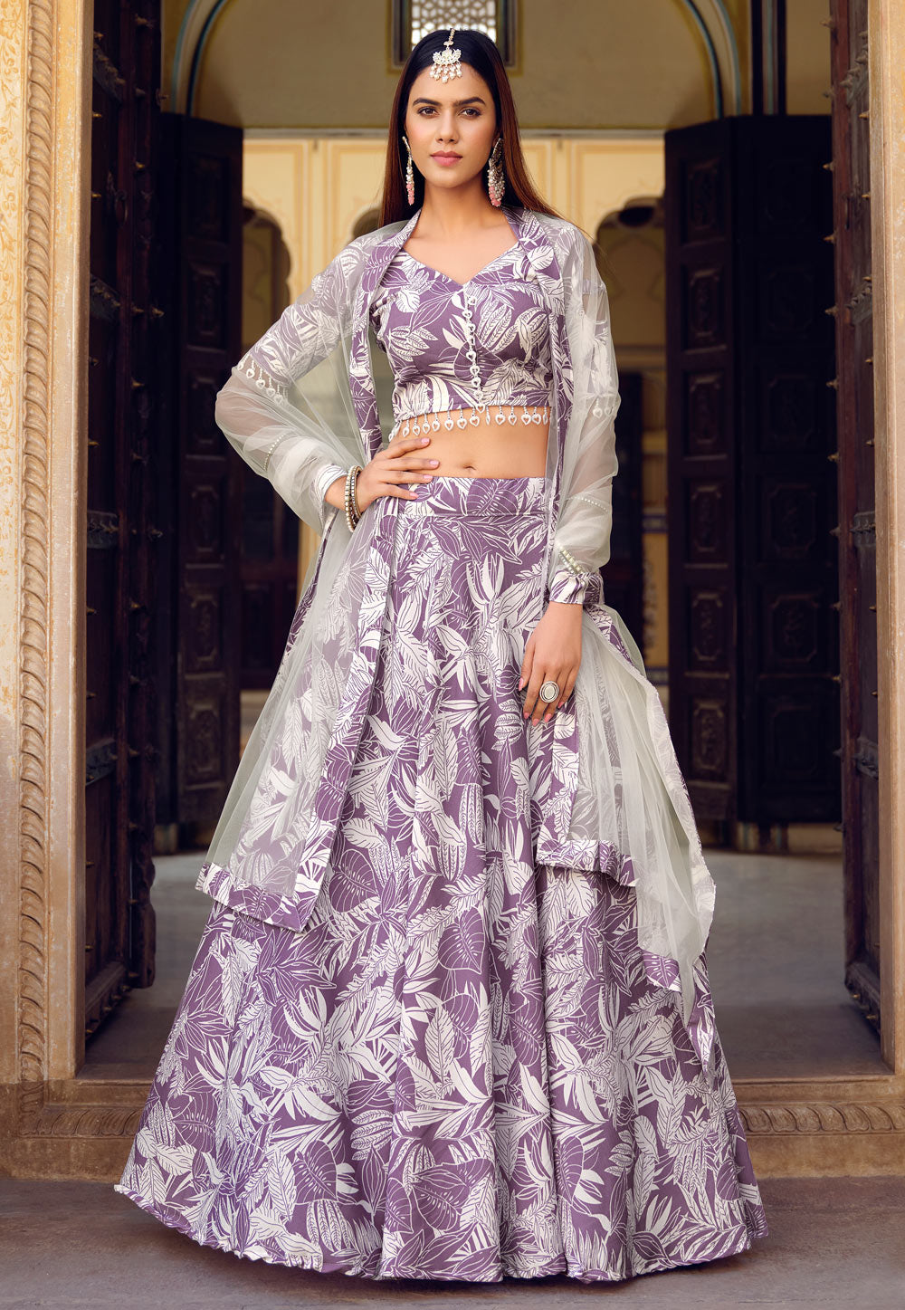 Lavendar Floral Print Wedding Guest Lehenga Choli in Crushed Silk