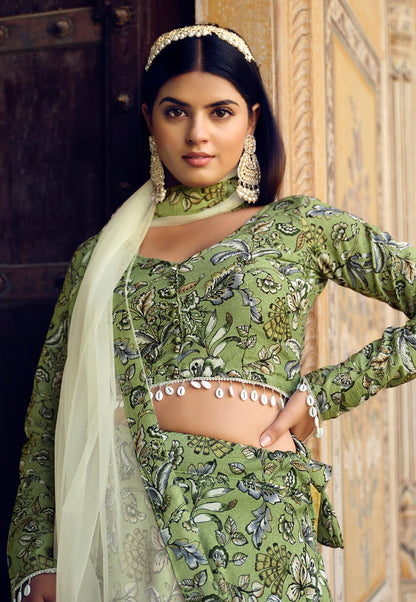 Green Floral Print Wedding Guest Lehenga Choli in Crushed Silk