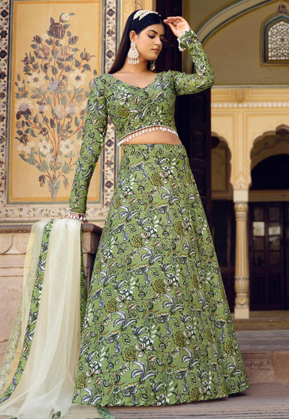 Green Floral Print Wedding Guest Lehenga Choli in Crushed Silk