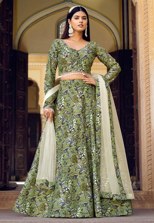 Green Floral Print Wedding Guest Lehenga Choli in Crushed Silk