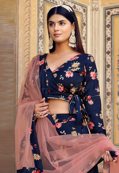 Navy Blue Floral Print Wedding Guest Lehenga Choli in Crushed Silk