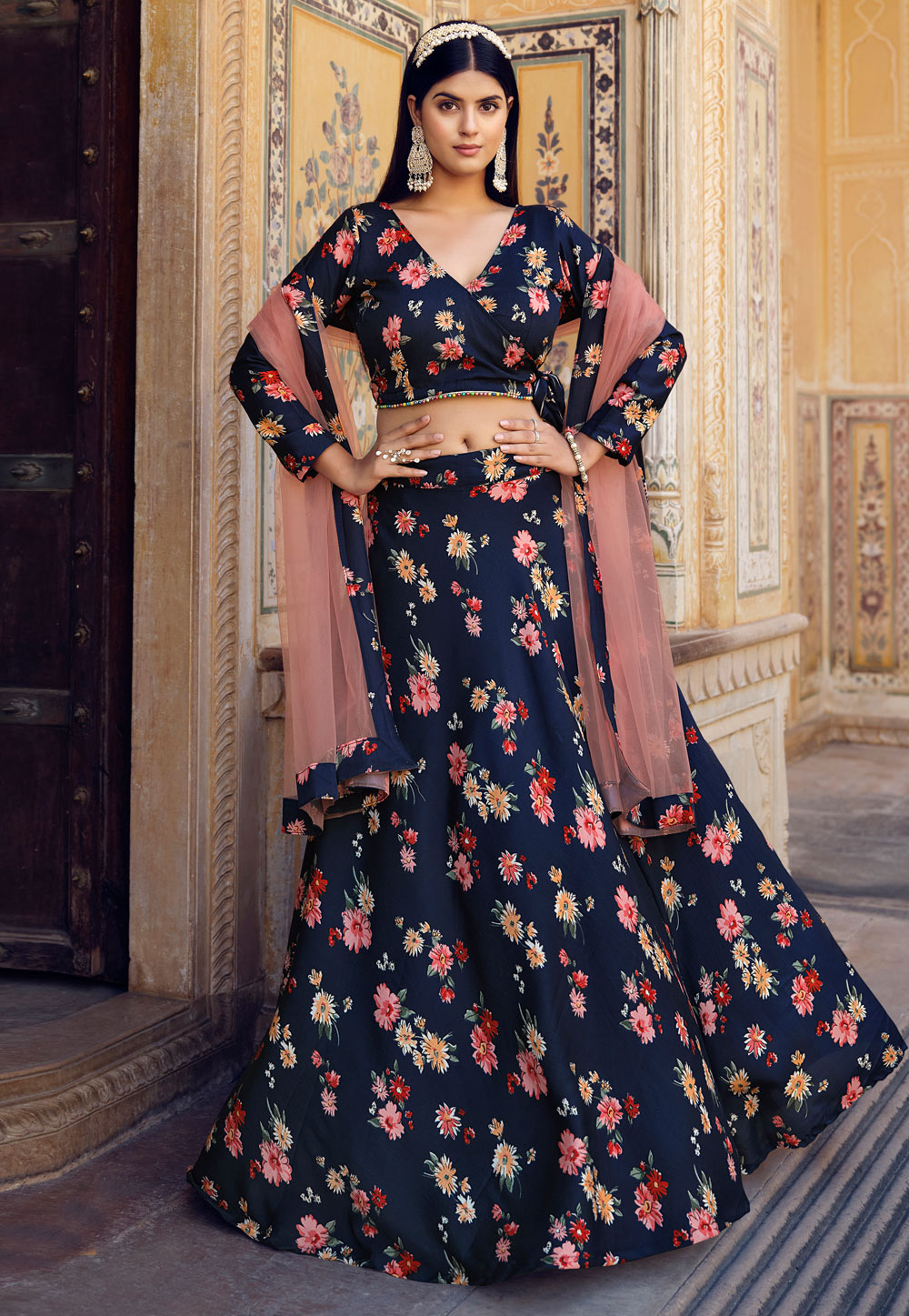 Navy Blue Floral Print Wedding Guest Lehenga Choli in Crushed Silk