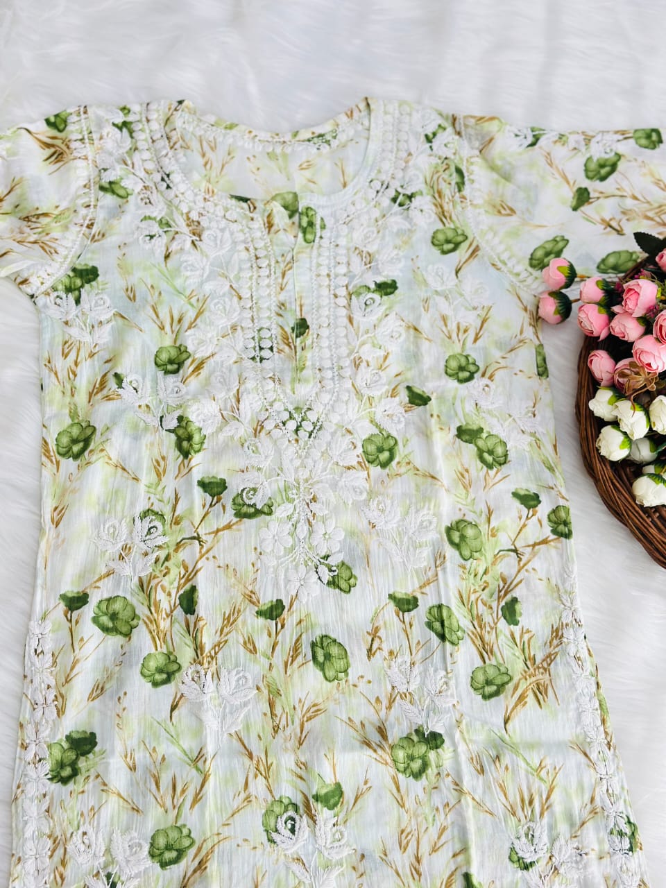 White and Green Floral Premium Quality Mulmul Lucknow Chikankari Palazzo Set