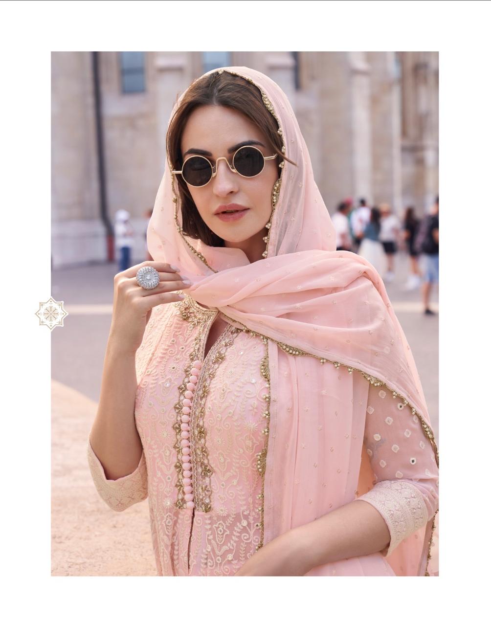 Pastel Pink Elegant Front Slit Chikan Work Salwar Kameez Suit with Dupatta