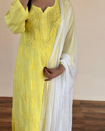 Yellow Mukaish Work Lucknow Chikankari Kurta Set with Palazzo & Dupatta