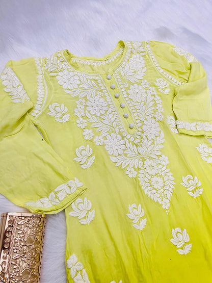 Green Designer Muslin Kurti Quraishiya Button Lucknow Chikankari Pant Set