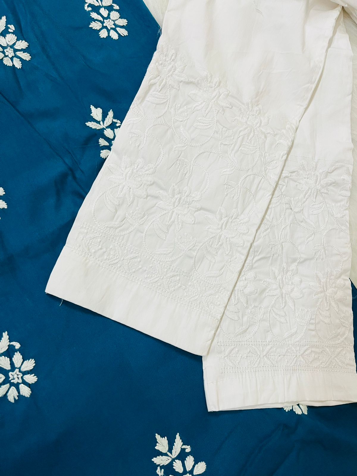 Blue 3-Piece Lucknowi Chikankari Kurti Set with Chiffon Dupatta