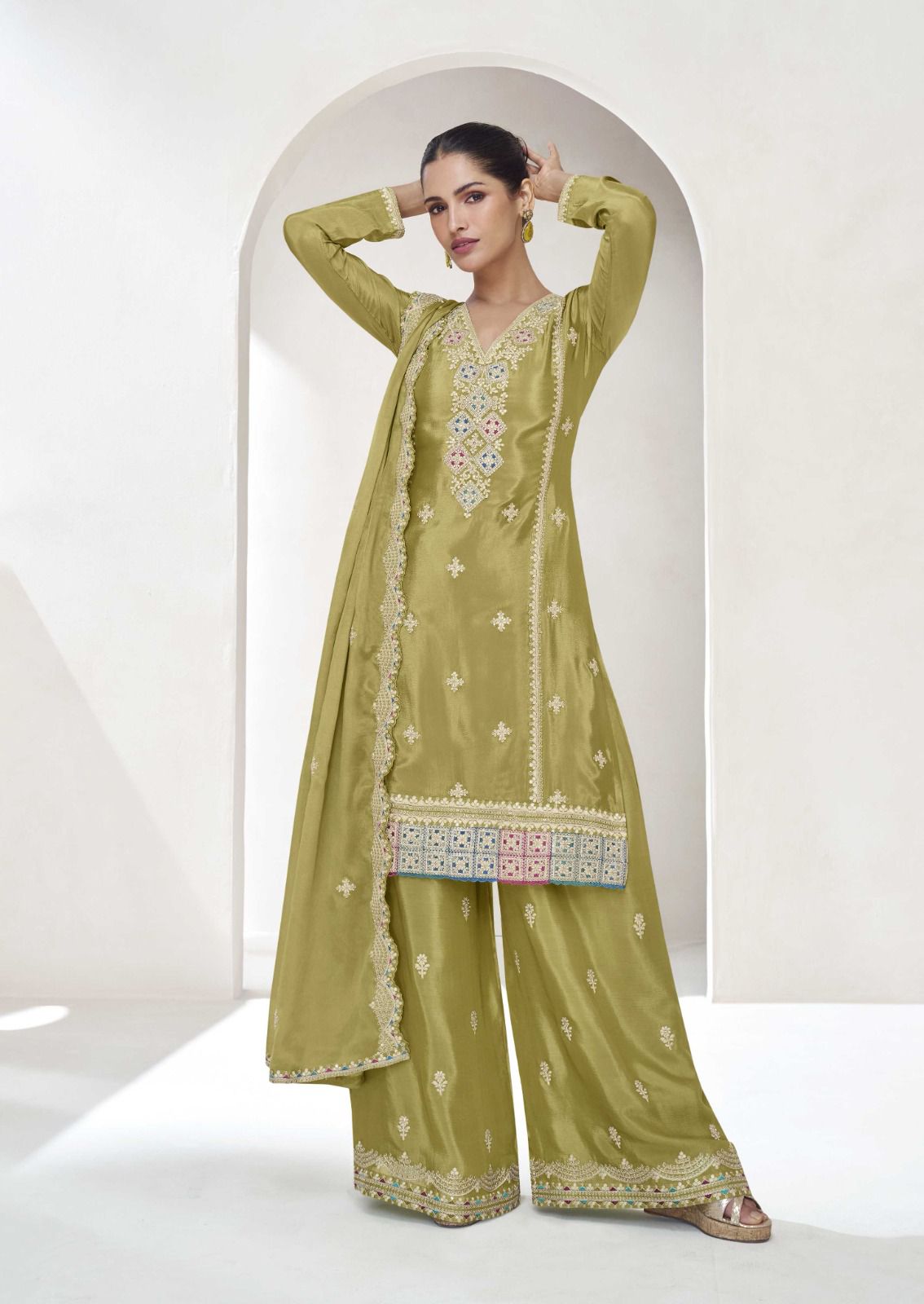 Green Premium Chinnon Silk Party Wear Kurta Palazzo Dupatta Set