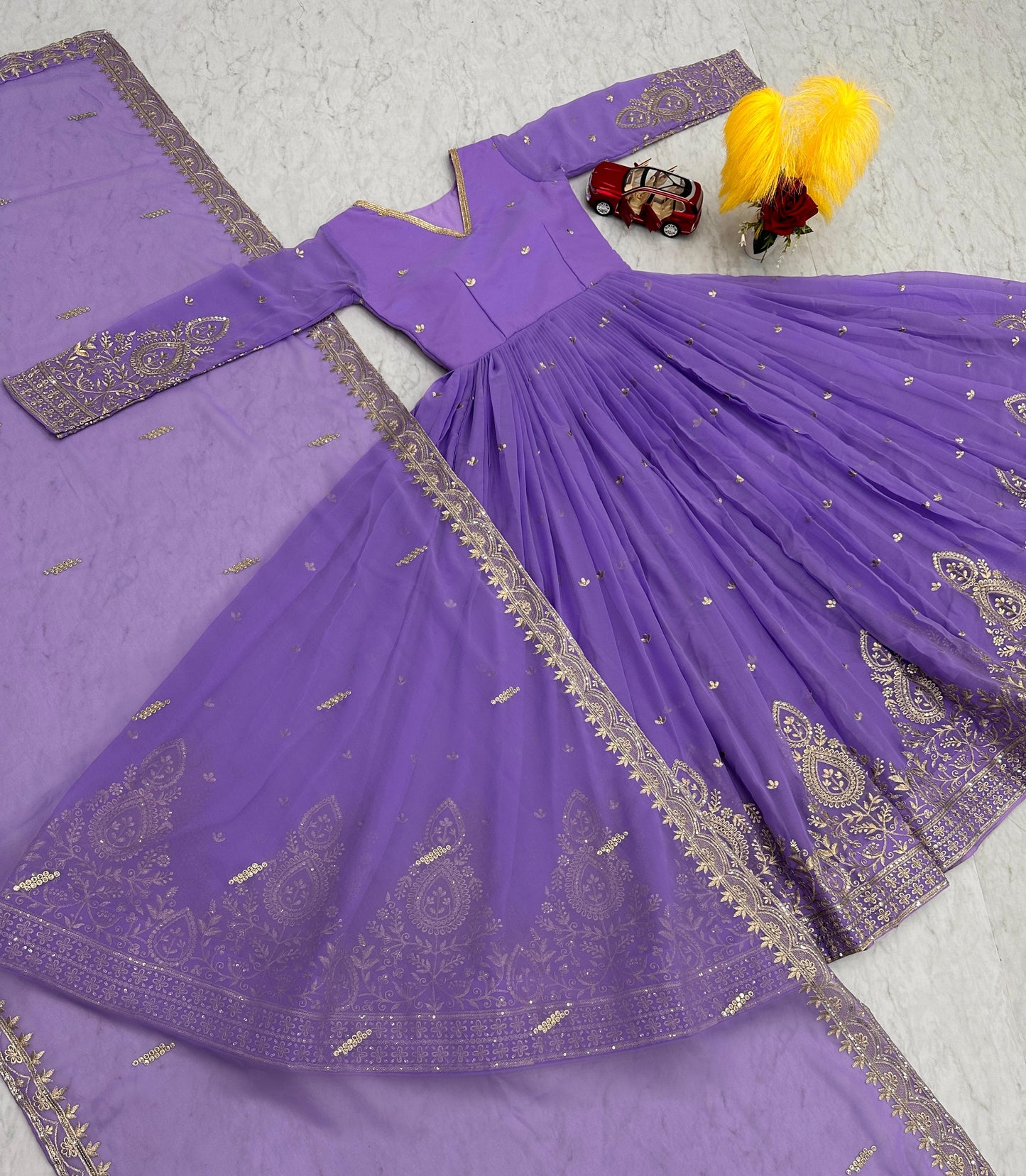 Lavendar Embroidered Georgette Gown with Palazzo and Dupatta Set