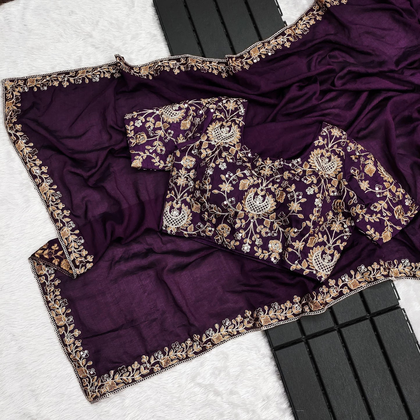 Super Hit Vichitra Silk Wine Color Saree with Embroidered Blouse