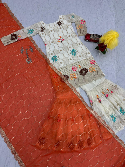 Ethereal White Georgette Sharara Set with Vibrant Orange Dupatta