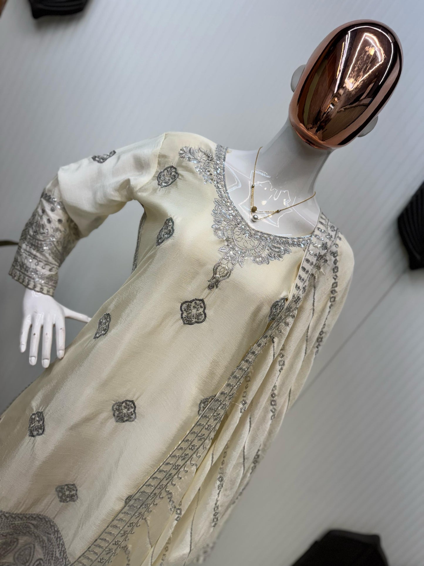 Beige Desirable Fancy Chinon Sequins Embroidered Shalwar Kameez Sharara and Dupatta Eid Dresses 2025