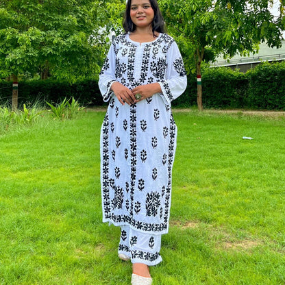 Black and White Lucknow Chikankari Handmade Long Kurti Palazzo Set