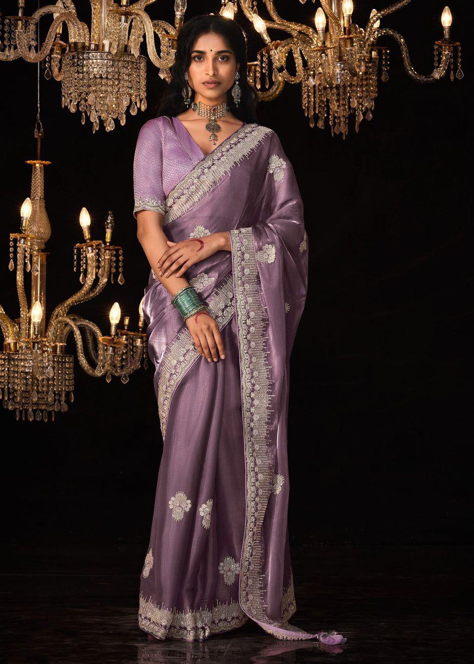 Lavender Shining Pure Crystal Silk Jimmy Choo Saree with Sequins & Zari