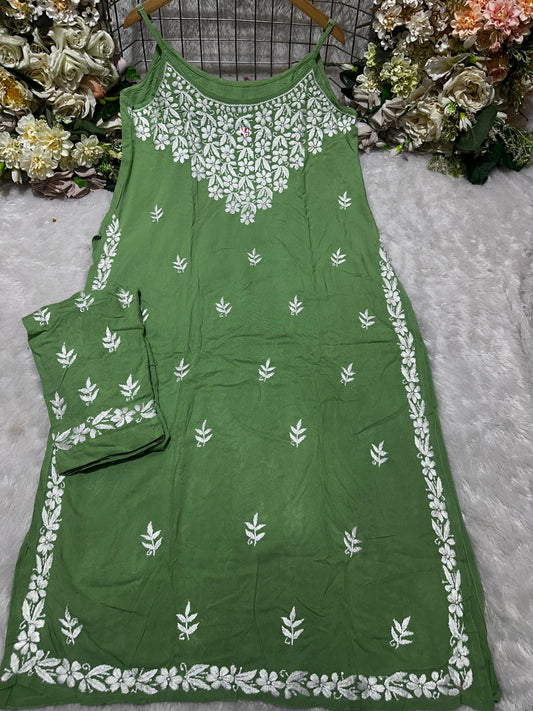 Green Lucknow Chikankari Strappy Kurti and Pant Co-ord Set (Limited Stock)