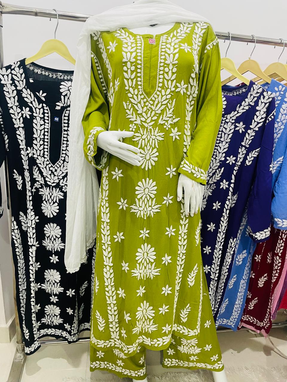 Green Lucknow Chikankari Long Kurta with Heavy Chikankari Work & Pallazo Set