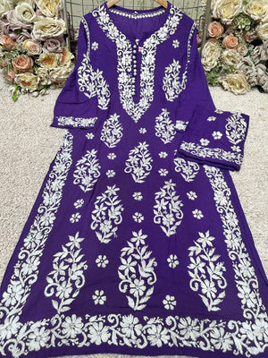 Dark Purple Eleganza Floret Modal Chikankari Kurti Palazzo Set