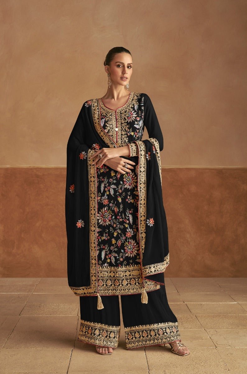 Black Heavy Embroidered Mirror Work Salwar Kameez Palazzo with Dupatta (Limited Stock)