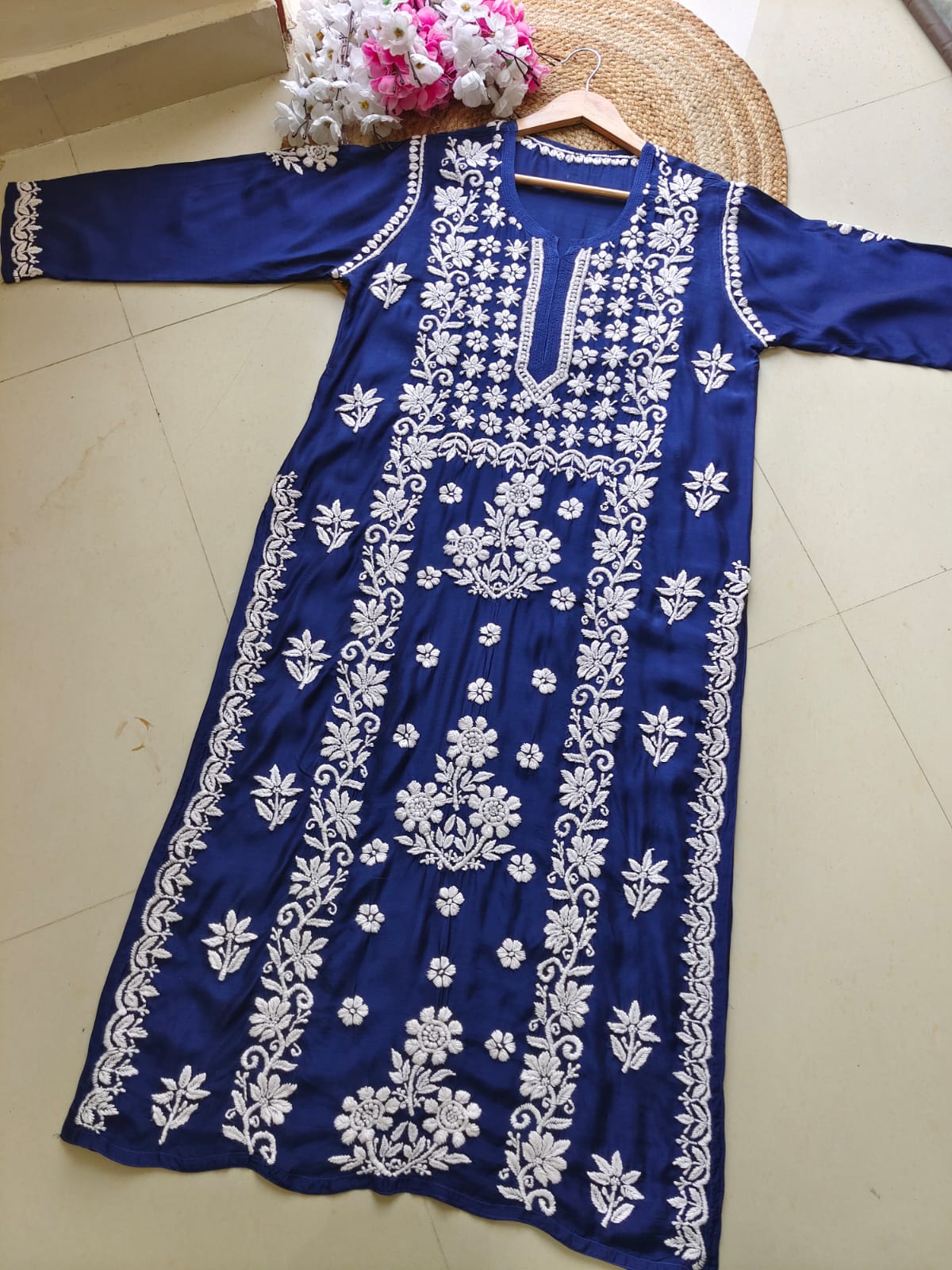 Blue Pure Muslin 3D Work Lucknow Chikankari Kurta