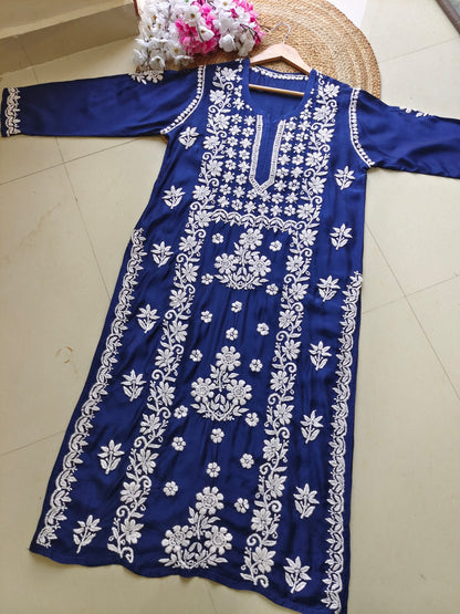 Blue Pure Muslin 3D Work Lucknow Chikankari Kurta