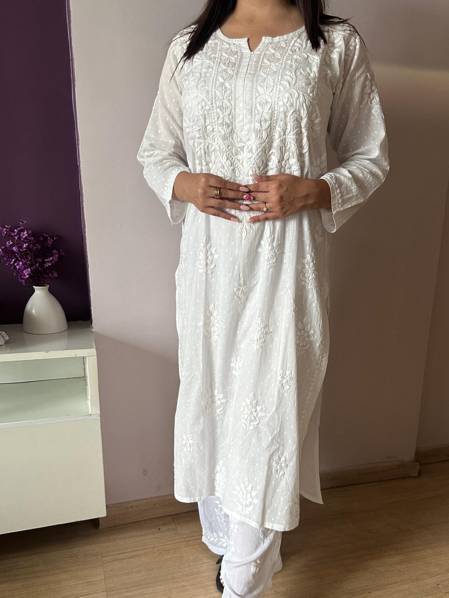 White Lucknowi Chikankari Dobby Cotton Dyed Kurta with Modal Palazzo